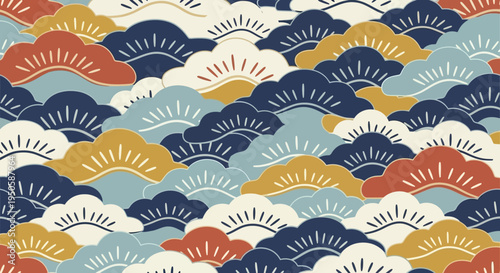 Japanese Pine Tree Pattern, Traditional Clouds, Red, Blue, Gold, Cream