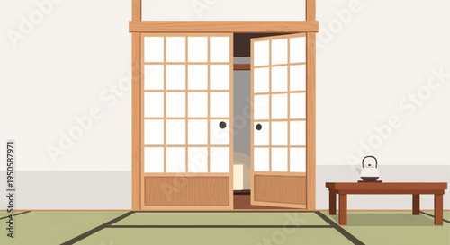 Japanese Shoji Door Open to Room with Tatami Mat and Tea Set