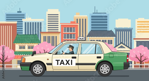 Japanese Taxi Driving in City with Cherry Blossoms