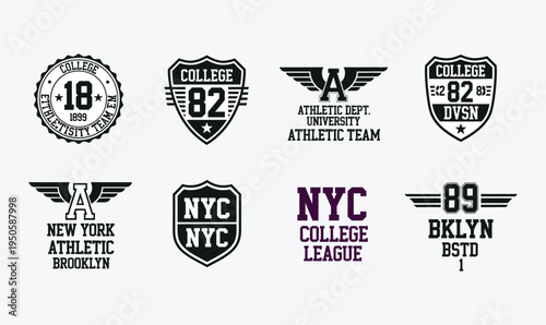 University Athletic College Logo Vector Set with Vintage Sports Emblems for Apparel and Branding
