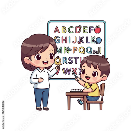 Teacher guiding student in classroom with alphabet chart illustration for educational purposes