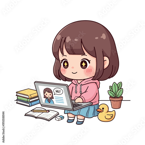 Girl uses laptop with books and plant nearby outside.
