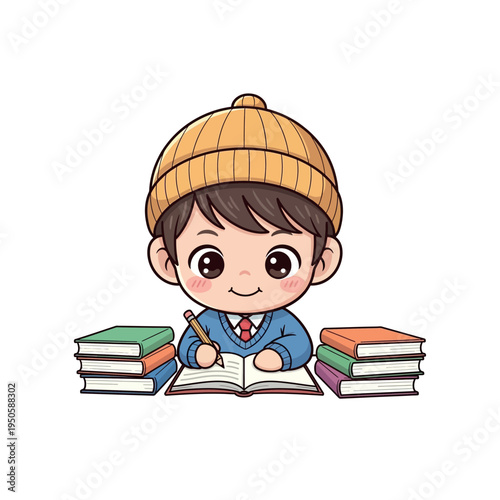 A young student sitting with books, studying intently with a pencil in hand, surrounded by stacks of colorful books.