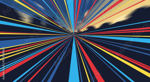 Abstract Speed Lines Background: Blue, Red, Yellow Rays Zooming into Distant Cityscape