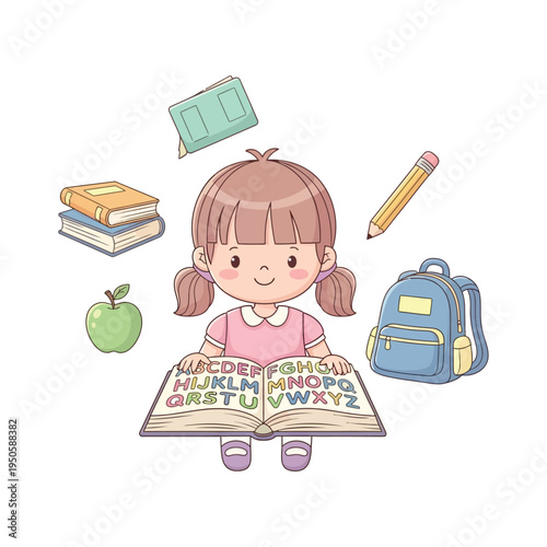 Young girl reading alphabet book surrounded by school supplies in a cheerful illustration style
