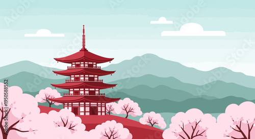 Japanese Pagoda Temple Amidst Cherry Blossoms and Mountains