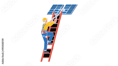 Harnessing the Sun's Power: A worker diligently installs solar panels, symbolizing the dawn of a sustainable energy era.