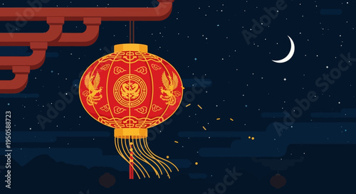 Red Chinese Lantern with Phoenix Design Hanging at Night Under Crescent Moon