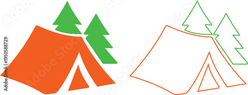 Camping tent icons set outdoor adventure shelter symbols with camp tents, mountain and forest travel elements for hiking tourism nature trip vector illustration design collection group