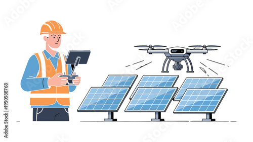 Solar Panel Inspection: A skilled engineer, overseeing a drone inspection of a photovoltaic array, illustrating modern sustainable energy technologies and green practices.