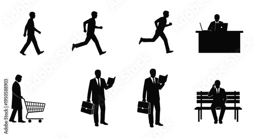 Set of 8 business people icons vector, black silhouettes