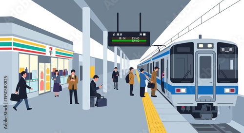 Commuters Board Train at Busy Station with Convenience Store