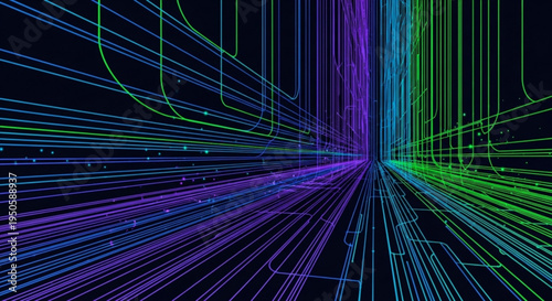 Vibrant neon lines radiate outward in purple blue and green hues on transparent background