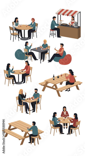 Diverse people enjoying outdoor dining and socializing at tables and picnic spots
