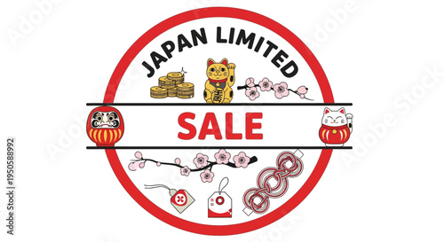 Japan Limited Sale Banner with Lucky Charms, Daruma, Maneki Neko, and Cherry Blossoms