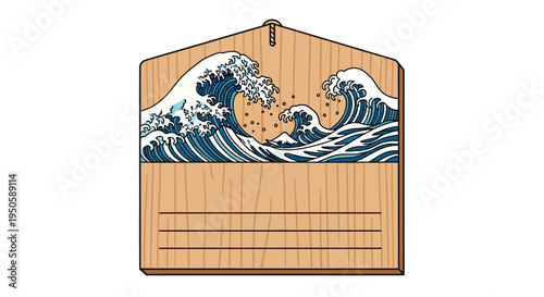 Japanese Wave Ema Plaque with Wood Grain Texture