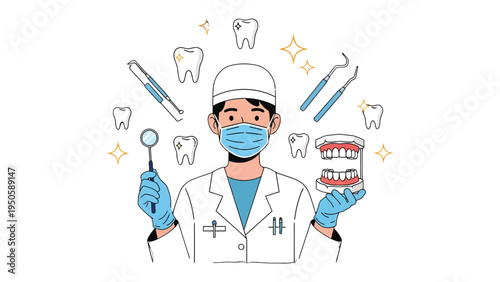 Smiling Dentist: A professional dentist, surrounded by dental tools and teeth, embodies dental expertise and care, highlighting the importance of oral health.