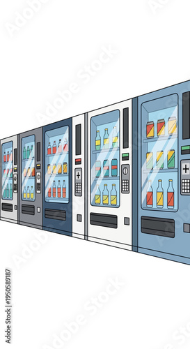 Row of colorful vending machines with drinks on white background, modern design