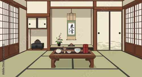 Traditional Japanese Tea Ceremony Room with Tatami Mats and Scroll