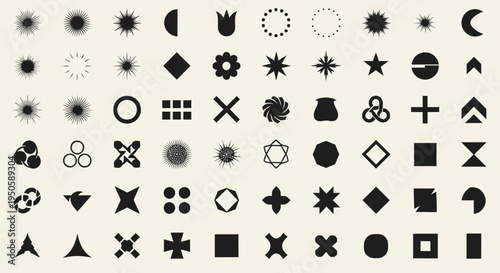 A comprehensive collection of diverse abstract geometric shapes and minimalist symbols, perfect for modern graphic design elements and versatile vector icon sets suitable for various creative projects
