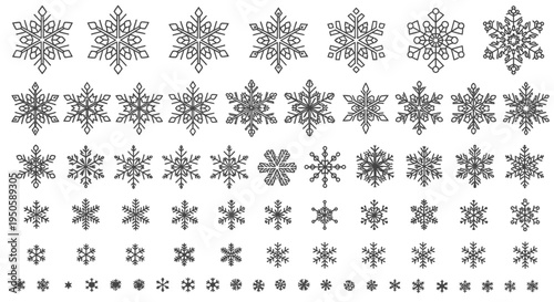 A diverse assortment of intricately designed outline snowflakes, showcasing various unique crystal patterns for winter themes and festive decorative arrangements