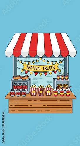 Cartoon festival food stall with hot dogs, popcorn, burgers, and drinks