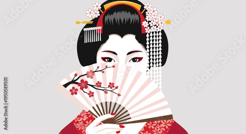 Elegant Geisha Holding a Fan, Traditional Japanese Woman, Cherry Blossom Design