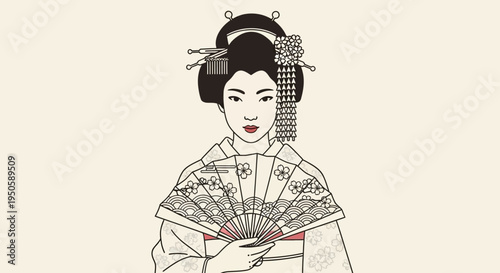 Elegant Geisha with Fan, Traditional Japanese Art Style