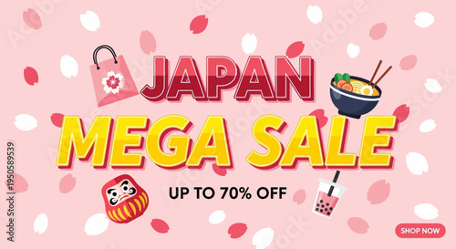 Japan Mega Sale Up to 70% Off Banner with Cherry Blossoms and Daruma Doll