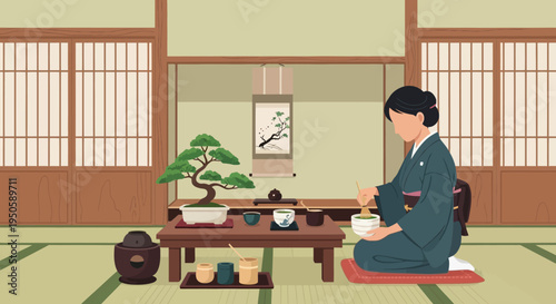Japanese Woman Performing Traditional Tea Ceremony in Tatami Room with Bonsai Tree