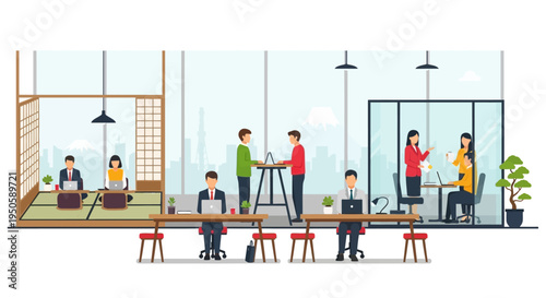 Modern Office Meeting and Collaboration Space with Diverse People Working