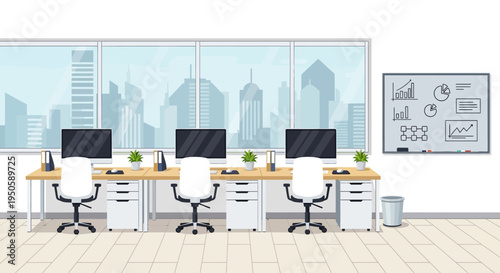 Modern Office Interior with Desks, Computers, and City View
