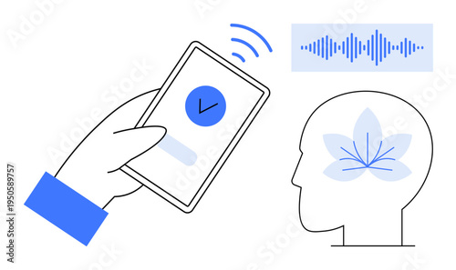 Mindfulness concept. Mindfulness using smartphone technology, sound waves, and a symbolic human mind. Mindfulness in mental health, tech integration, cognitive therapy, and personal growth