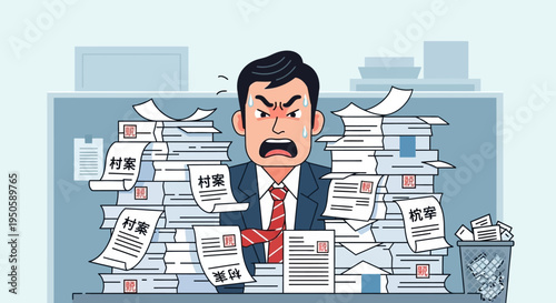 Overworked businessman stressed by piles of documents in office