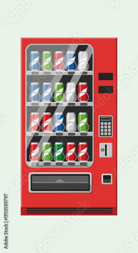 Red Vending Machine Filled with Colorful Soda Cans, Refreshment Dispenser
