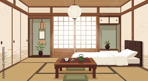 Cozy Japanese Room with Tatami Mats, Futon Bed, and Tea Set