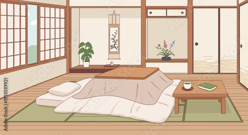 Cozy Japanese Kotatsu Room with Tatami Mats and Tea Set