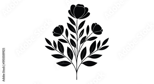 Minimalist black floral illustration featuring stylized buds and elongated leaves