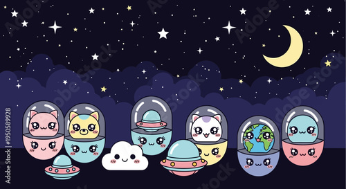 Cute Kawaii Space Cats Aliens Earth Moon UFOs in Starry Night Sky