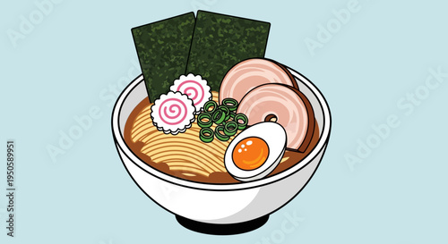 Delicious Ramen Bowl Illustration: Japanese Noodles, Pork, Egg, Seaweed, Narutomaki
