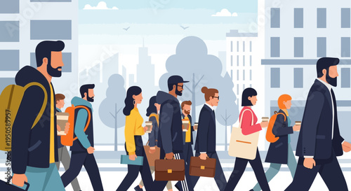 Diverse crowd of people walking in a city street, commuting to work or school