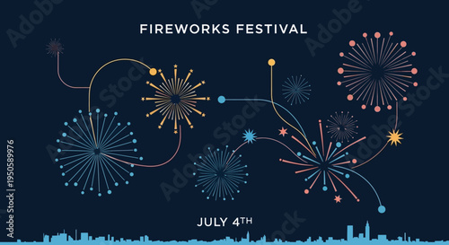 Fireworks Festival Celebration on July 4th with City Skyline Silhouette