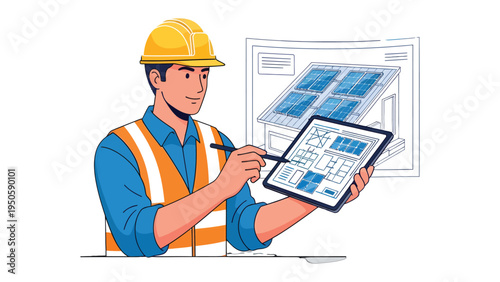 Architectural Blueprint: An architect is diligently reviewing the blueprints for a sustainable project, the tablet illuminating the details and designs with precision and expertise.