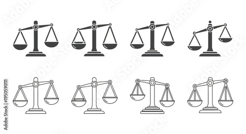 A set of four stylized scales of justice icons, presented in two rows of two, designed in a minimalist, outline, and filled style