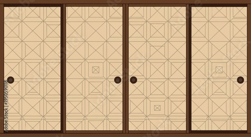 Japanese Shoji Screen Doors with Geometric Pattern, Traditional Interior Design