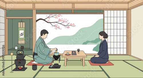 Japanese Tea Ceremony: Couple in Traditional Kimonos Enjoying Matcha in Serene Tatami Room