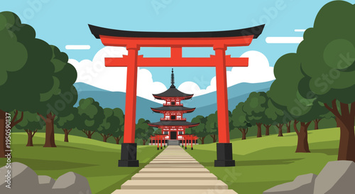 Japanese Torii Gate and Pagoda Temple in Scenic Landscape