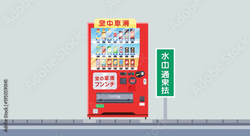 Japanese Vending Machine with Drinks and Japanese Text on Gray Background