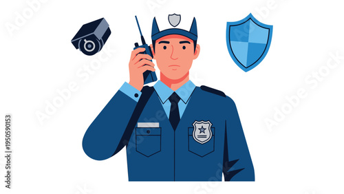 Guardian of Security: A vigilant security guard stands ready, communicating via radio with a camera and shield, symbolizing safety and protection.