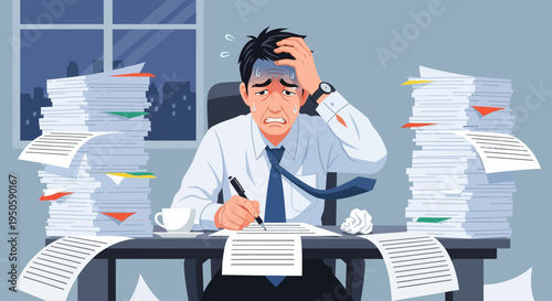 Overwhelmed businessman stressed with piles of paperwork at desk in office at night